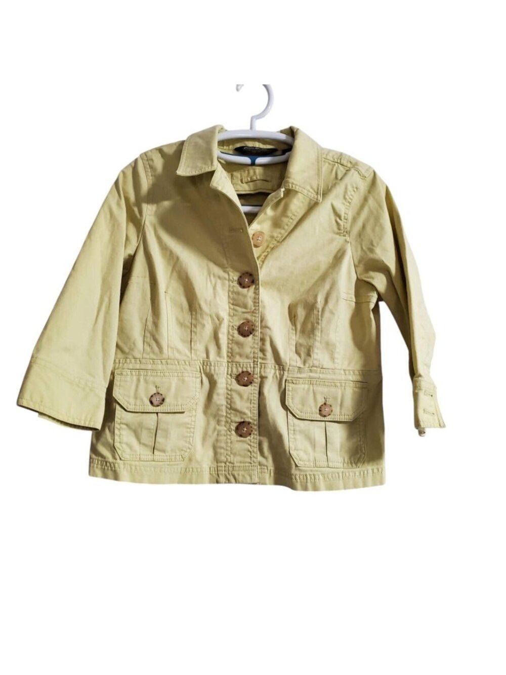 Eddie Bauer Field Jacket Womens PLarge Beige Long Sleeve Button Down Lime Green